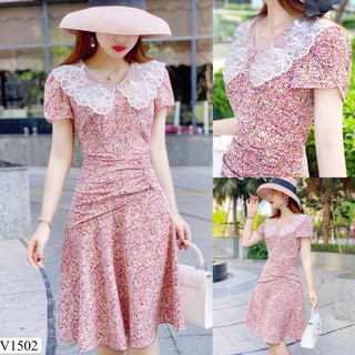 Đầm hoa nhí / đầm nữ 💗 đẹp dvc ❤️ váy hoa nhí hồng cổ ren v1502