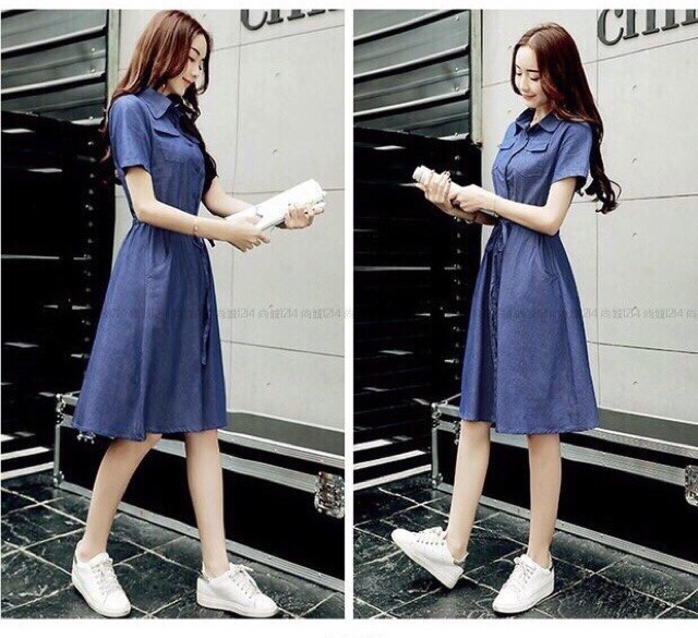 Đầm jean xoè eo dây rút