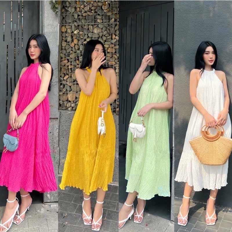 Đầm maxi tơ xước siêu hot, bầu bì dưới 75kg bon chen thoải mái
