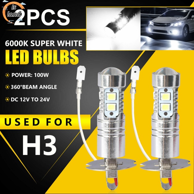 Bộ 2 Bóng Đèn Led H3 Dc 12v-24v 100w 360 Độ Ánh Sáng Trắng Cho Xe Hơi