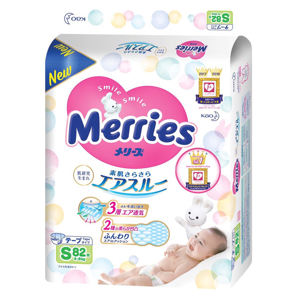 Bỉm dán Merries size S 82 miếng cho bé 4 - 8kg