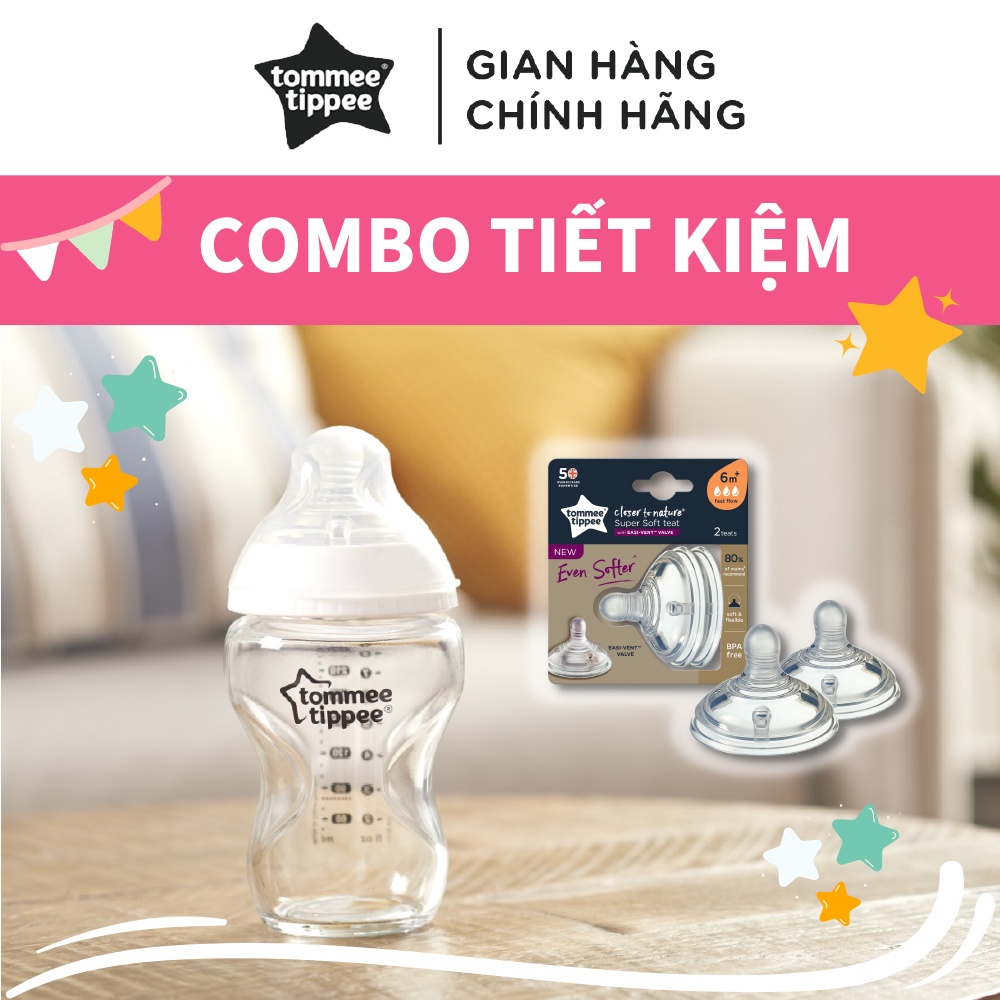 COMBO Bình sữa thuỷ tinh ty siêu mềm tự nhiên Tommee Tippee Closer to Nature 250ml &amp; Núm ty silicon thay thế 6M+