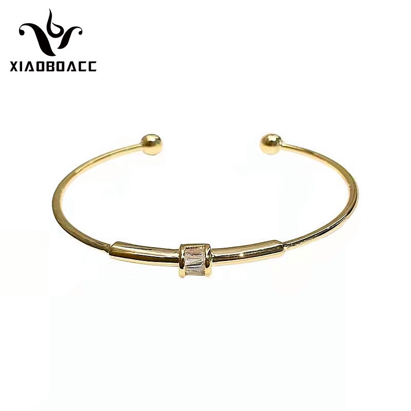 XiaoboACC Vòng tay dạng hở bằng đồng mạ vàng 18k đính đá zircon đơn giản không gây dị ứng cho nữ