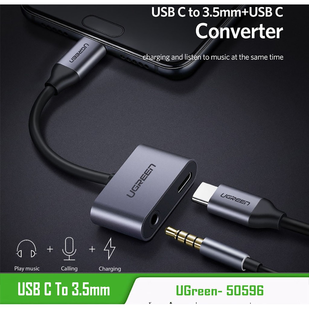 Cáp USB-C Sang Audio 3.5mm Hỗ Trợ Cổng Sạc Cao Cấp Ugreen 50596 - BH 12T Chính Hãng