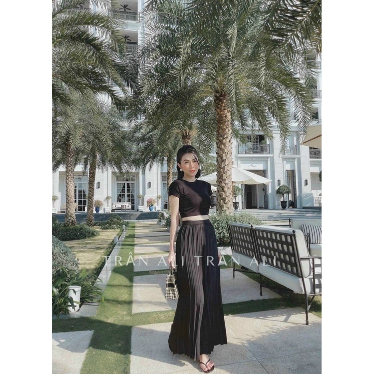 [9.9 Sales Freeship] Set bộ áo thun trơn cổ tròn quần dài ống suông, set bộ croptop quần ống rộng xếp ly trẻ trung