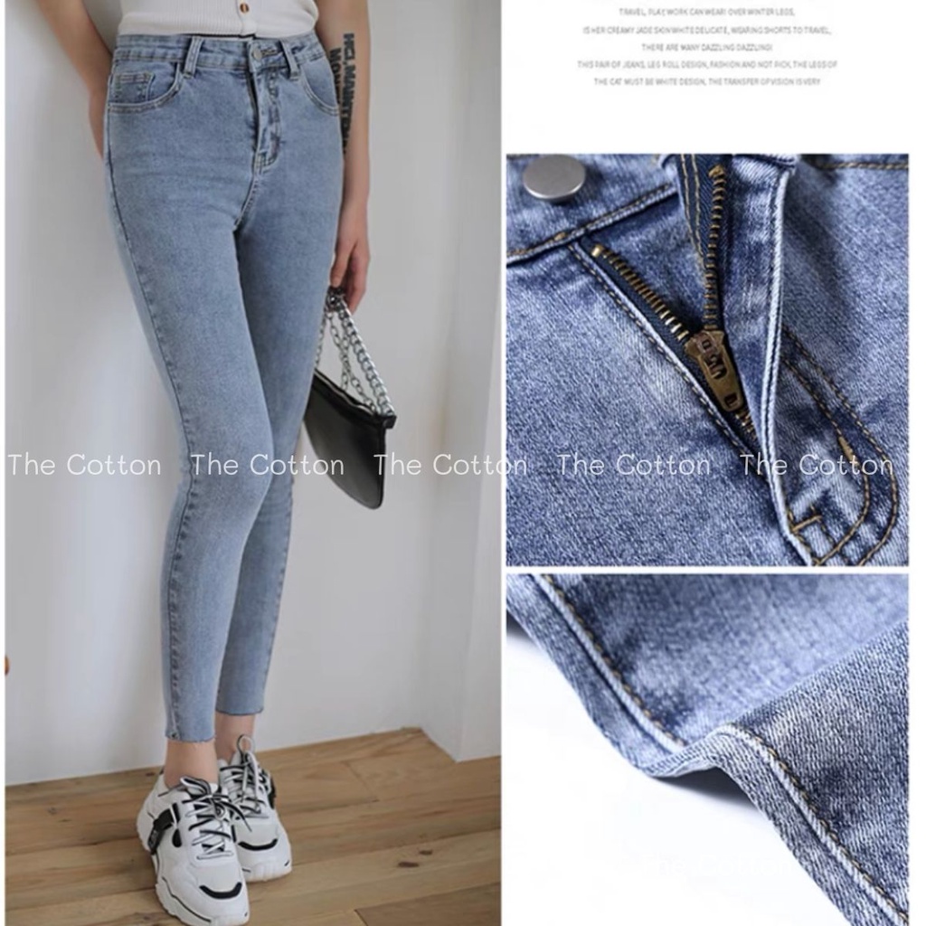 Quần Skinny Bạc Lưng Cao The Cotton Quần Jeans Bó Không Phai Màu Quần Jeans