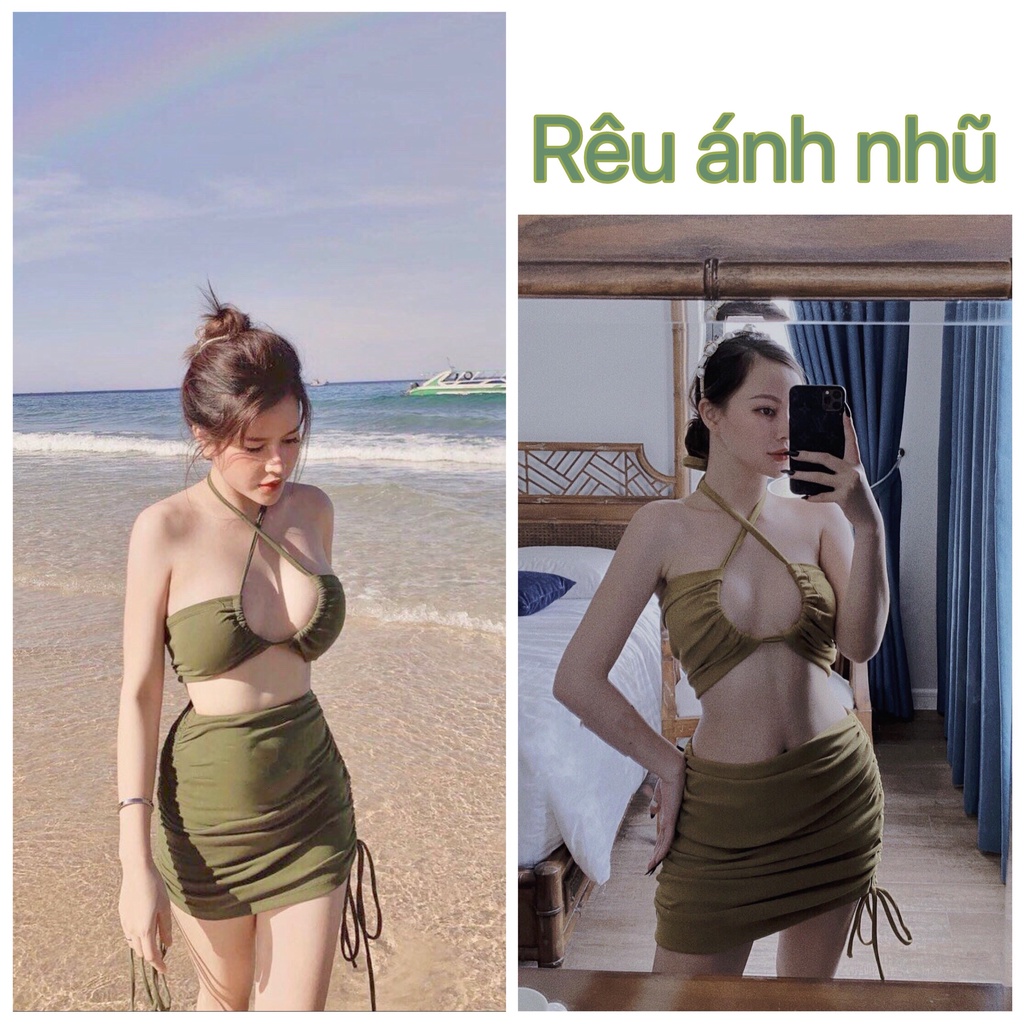 Set bikini đồ bơi nữ đi biển du lịch dạo phố váy rút dây kín đáo SET03