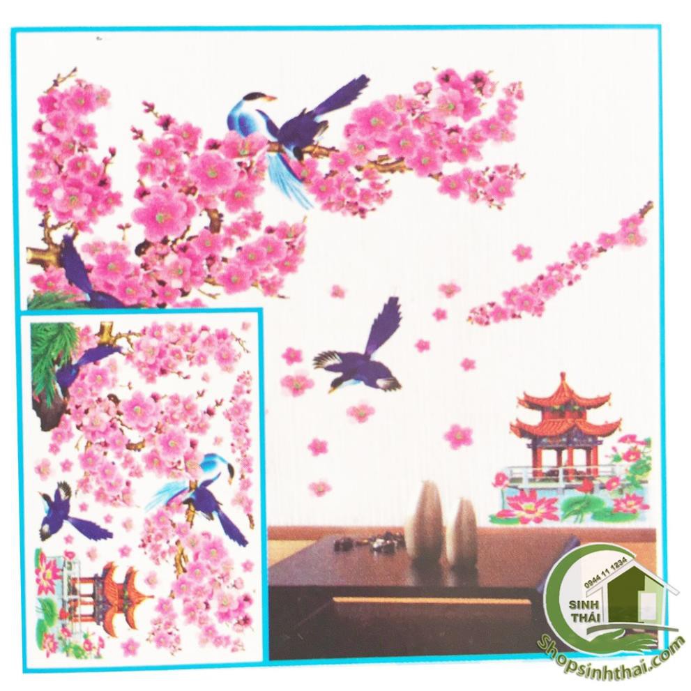 Tấm decal dán tường, dán kính hoa đào màu đỏ 55cm x 80cm