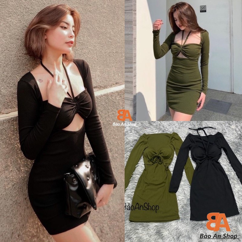 Đầm body tay dài kiểu hở vai cổ yếm có mút ngực, chất vải thun gân len 4 chiều FreeSize (Bảo An Shop)