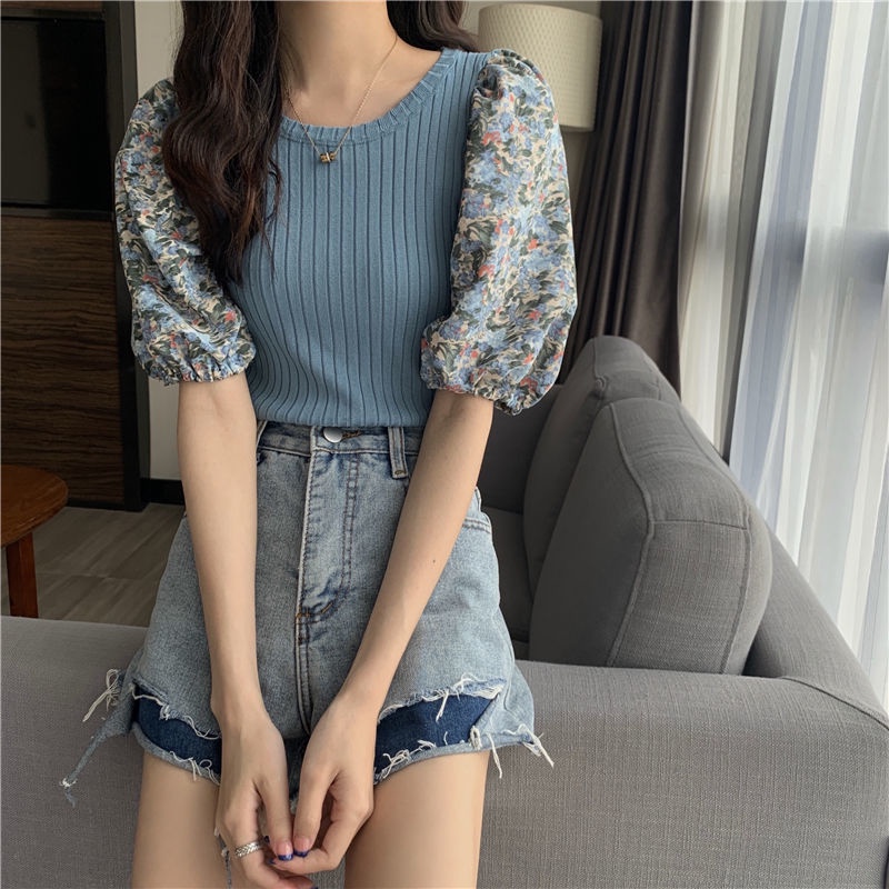 Áo IELGY tay ngắn in hoa màu xanh dương phong cách Pháp thời trang cho nữ