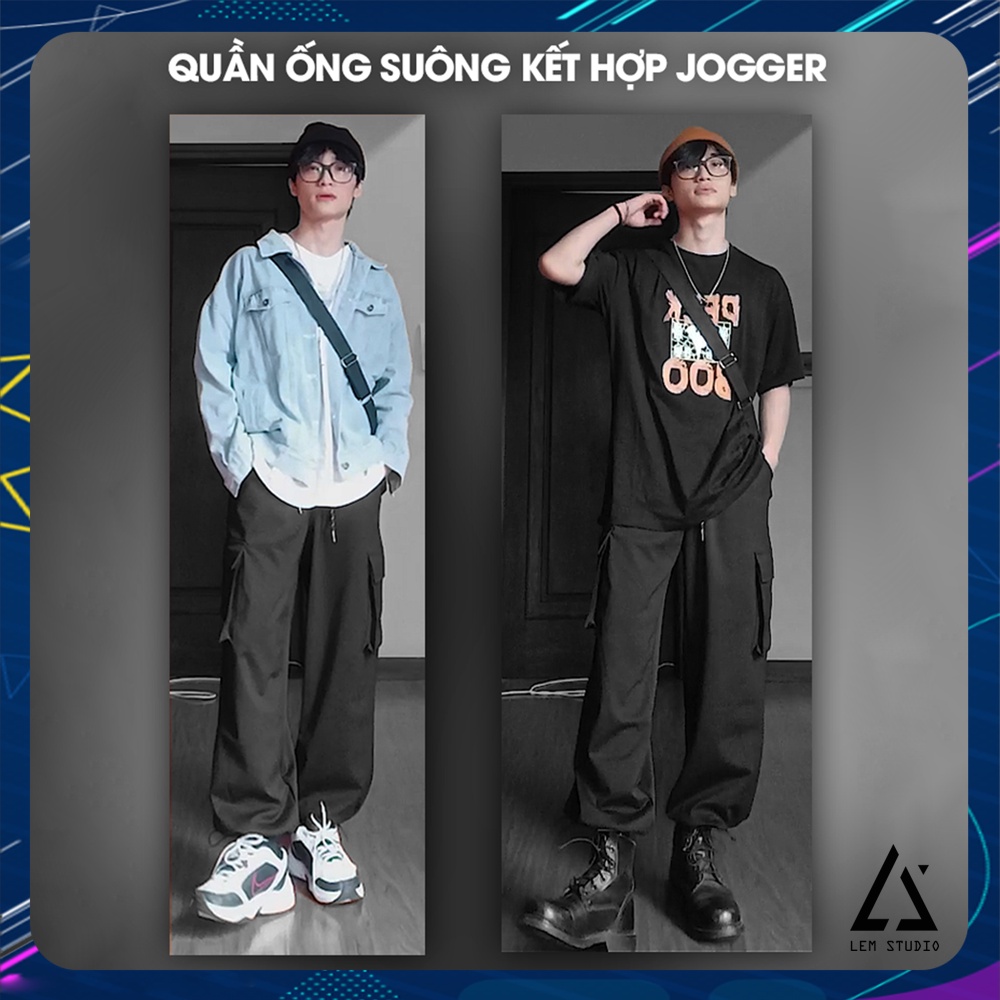 Quần Dài Túi Hộp Ống Rộng Đen Unisex Kết Hợp Jogger Thể Thao Giảm Xước