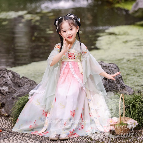 Hán phục màu trắng hồng cho bé gái+tặng kẹp tóc