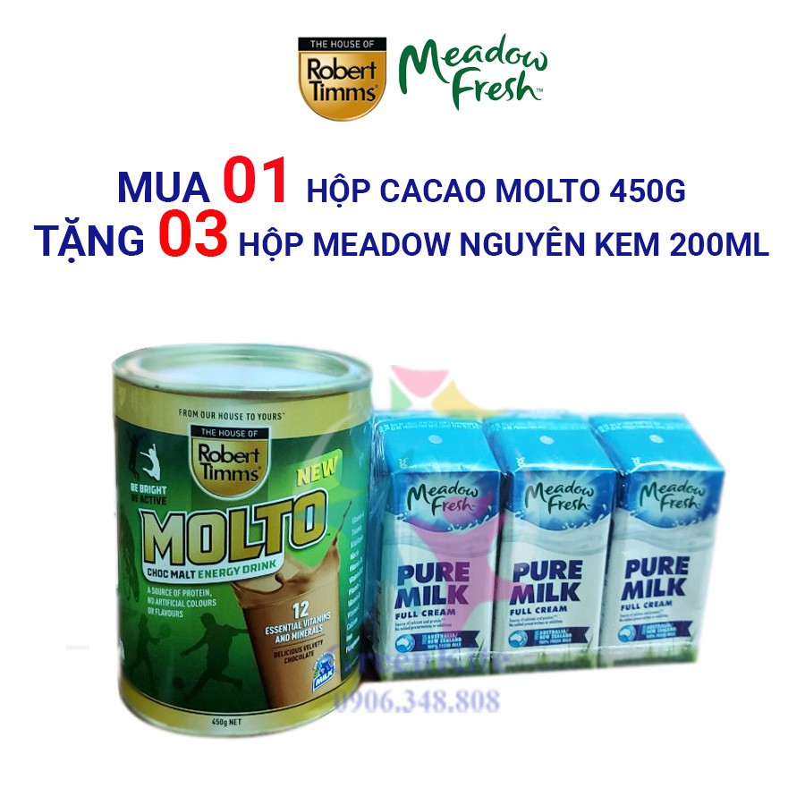 Combo Sữa bột cacao lúa mạch Molto Australia 450g +1 Lốc Meadow Fresh Nguyên Kem