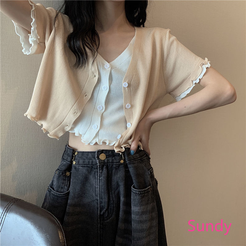 [ Mã 66CBSALE giảm 30K đơn 200K] Áo Khoác Cardigan Tay Ngắn Cổ Chữ V Thời Trang Mùa Hè Cho Nữ | BigBuy360 - bigbuy360.vn