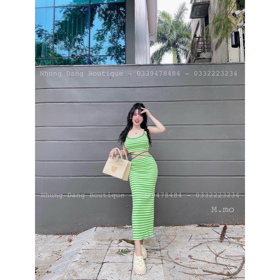 Set bộ nữ áo hai dây chân váy dáng dài họa tiết kẻ sọc