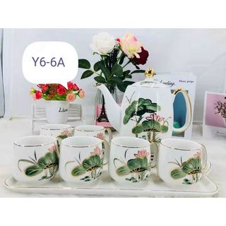 Bộ ấm chén kèm khay sứ pha trà cà phê cao cấp trắng họa tiết hoa sen