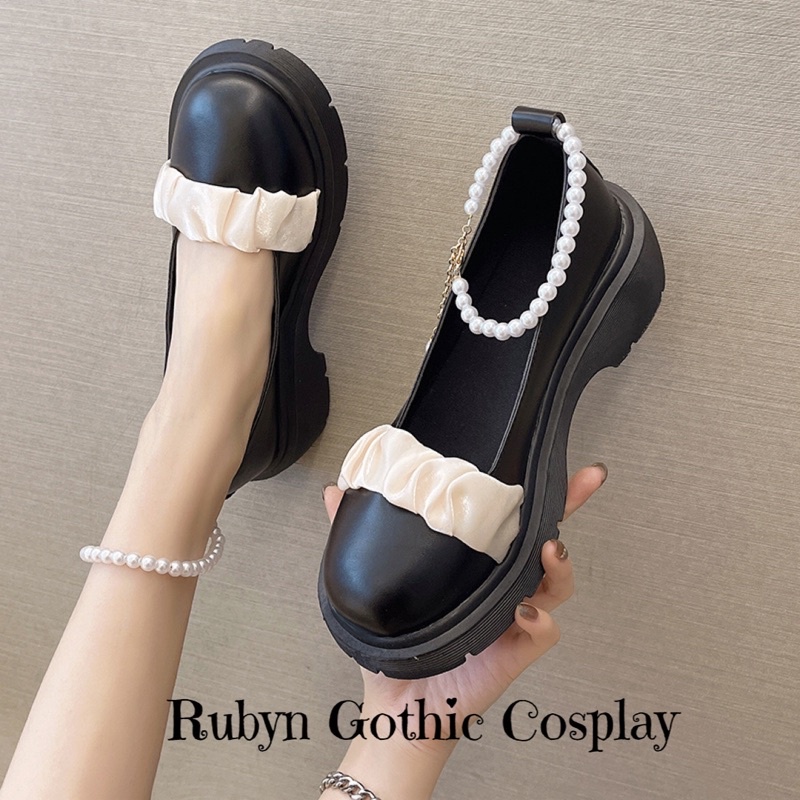 [Sẵn]✨Giày Lolita Tiểu Thư Phối Vải Quai Hạt ( Trắng, Đen ) Size 35 - 40 LO588