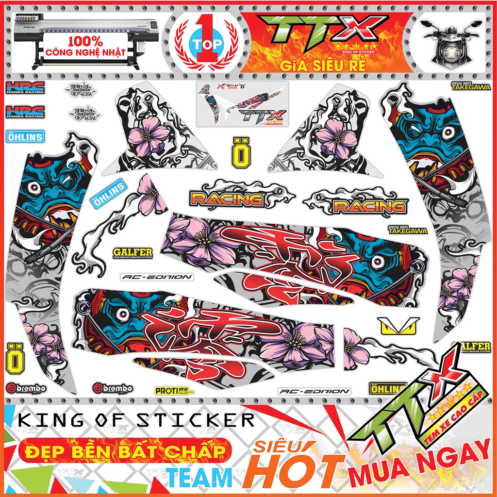 Tem Dán Xe Sirius Đen Xám Bạc Quỷ Daruma - Tem Rời Sirius Xám Đen Siêu Đẹp - Mẫu Tem Xe Sirius Đen Xám Bạc