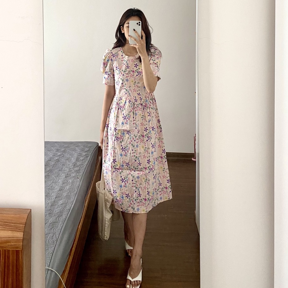 Váy hoa nhí vintage dáng dài đi biển, đầm hoa nhí babydoll cộc tay ulzzang có bigsize GOROGI