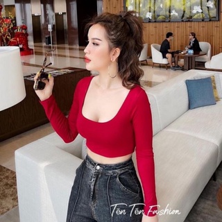 áo croptop tay dài cổ U chất borip mềm mịn