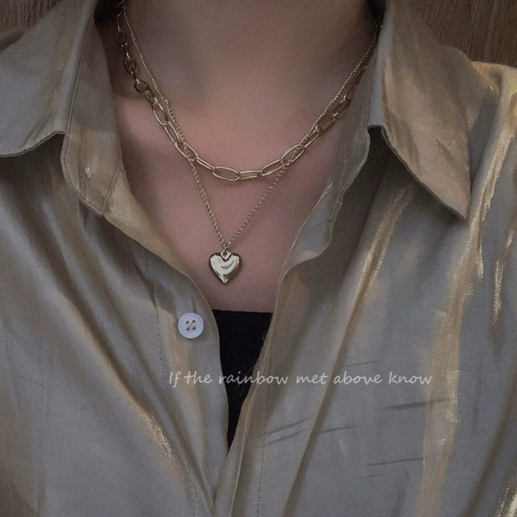 Vòng Cổ Choker Hai Lớp Mặt Trái Tim Kim Loại Phong Cách Harajuku Cổ Điển Dành Cho Nữ