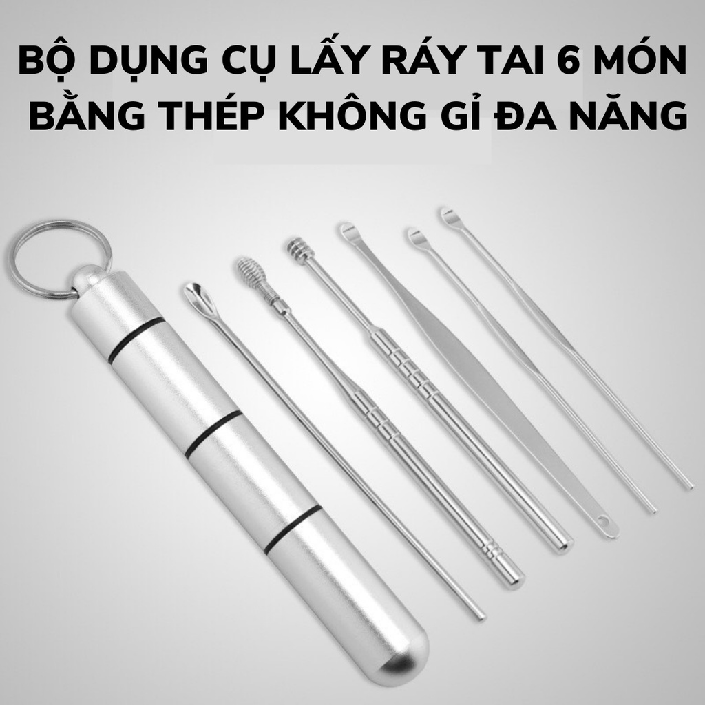 Bộ dụng cụ ngoáy tai inox 6 món, Bộ lấy ráy tai thép không rỉ 6 món