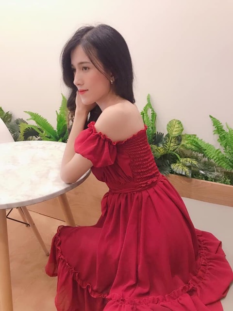 Đầm trễ vai tay phồng có mút ngực (hình thật+video) | BigBuy360 - bigbuy360.vn