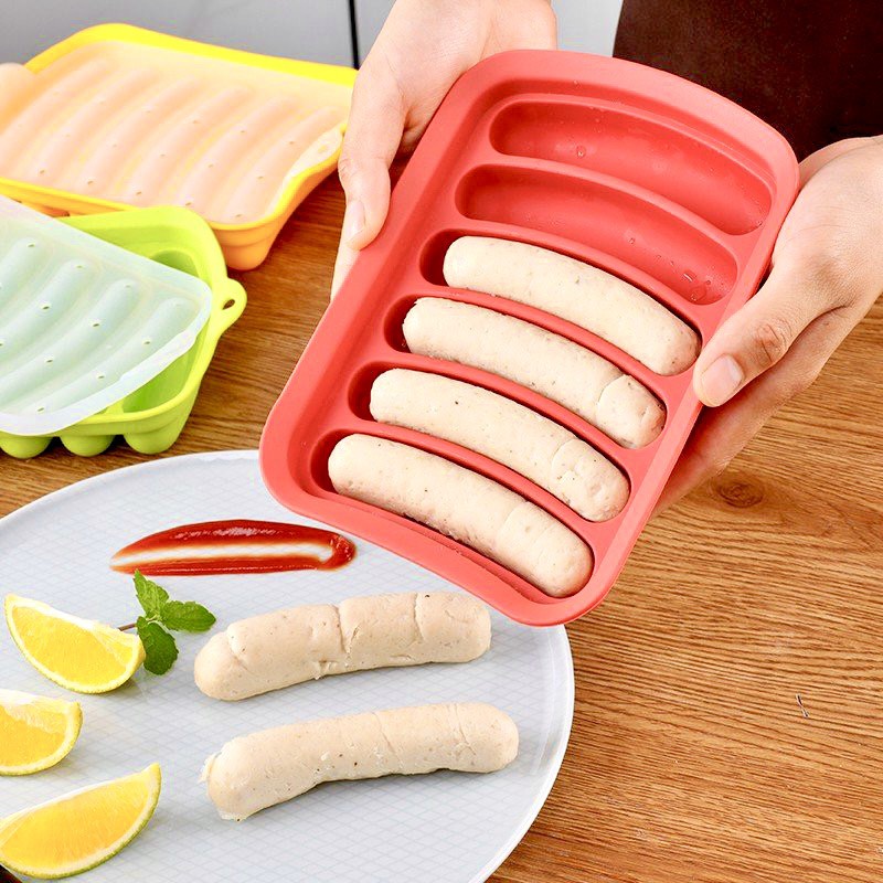 Khuôn làm xúc xích bằng silicon chịu nhiệt có nắp đậy, 6 ngăn đều đẹp, tiện dụng