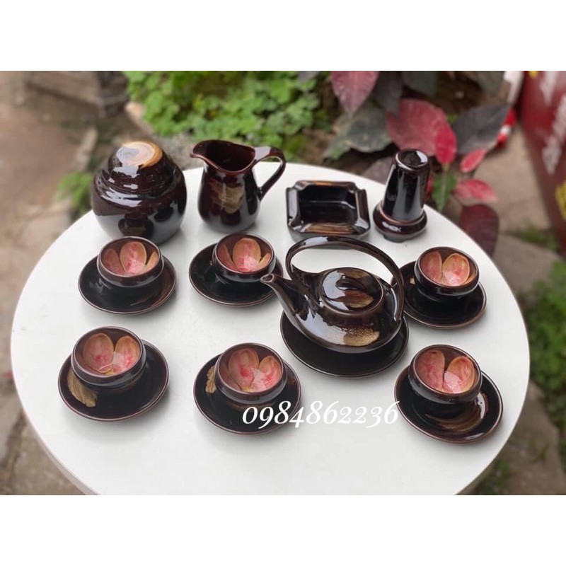 Bộ ấm chén HOA TRONG LÒNG CHÉN men nâu quết Bát Tràng - Bộ trà Bát Tràng