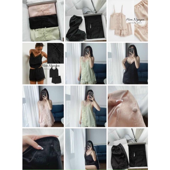 Đồ bộ nữ bộ ngủ lụa 2S phối ren H.M chất tơ tằm thoáng mát mỏng nhẹ