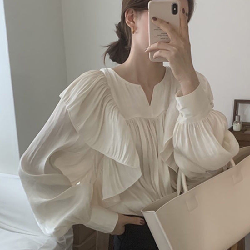 Áo Sơ Mi Tay Dài Phối Bèo Phong Cách Retro Hàn Quốc Thanh Lịch
