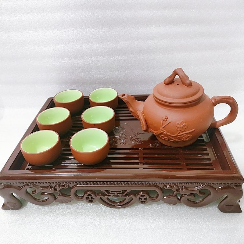 Bộ ấm chén Tử Sa hoa đào đắp nổi gốm Bát Tràng, bộ bình uống trà cực ngon và khay giả gỗ xịn