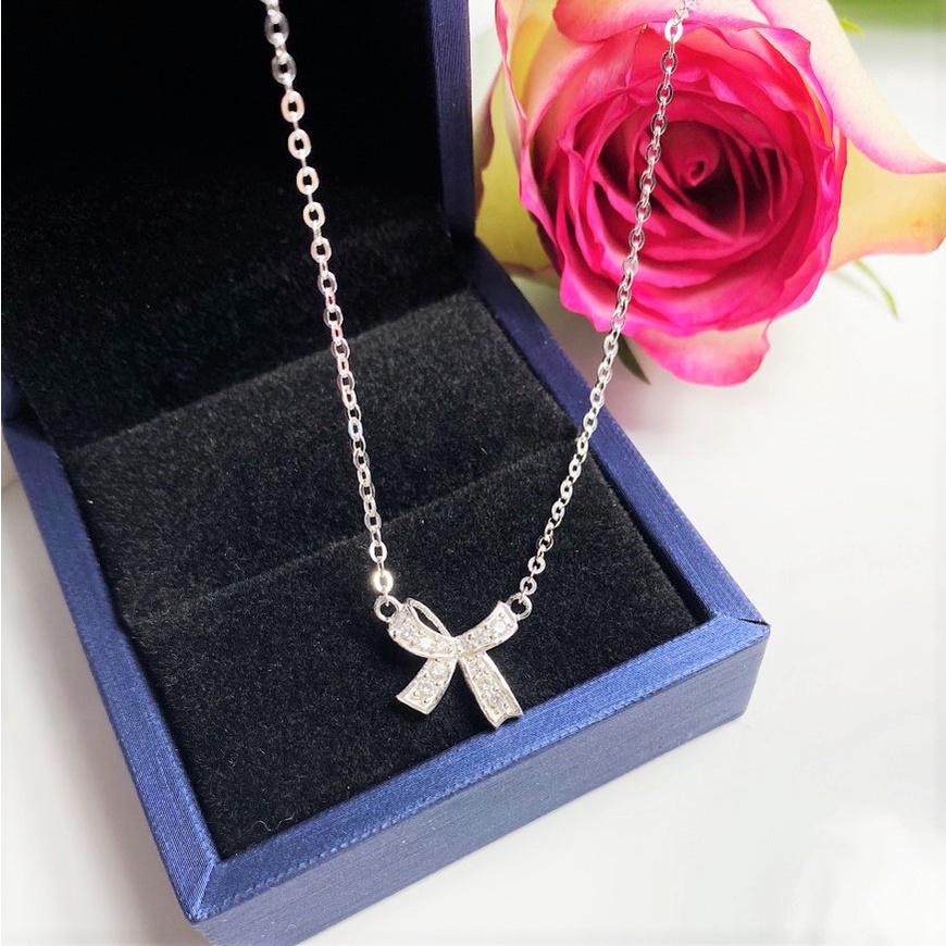 Dây chuyền bạc nữ Evasilver mặt hình nơ gắn đá, Vòng cổ chất liệu bạc thật, sang trọng nữ tính