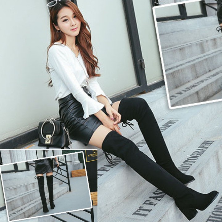 Giày boot cổ cao đế vuông cột dây cổ chân da lộn màu đen GBĐV-04BCC2
