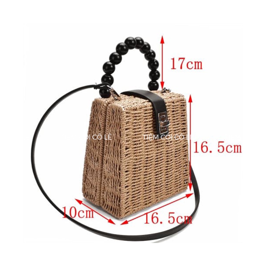 Túi hộp hình vuông, túi vali quai hạt trai đen có nắp cài kiểu dáng vintage - Tiệm Cói Cô Lê