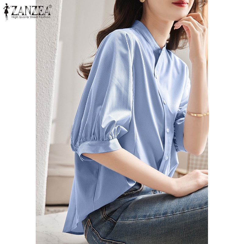 Áo sơ mi ZANZEA tay lỡ cổ đứng họa tiết kẻ sọc phong cách đường phố thời trang thanh lịch dành cho nữ