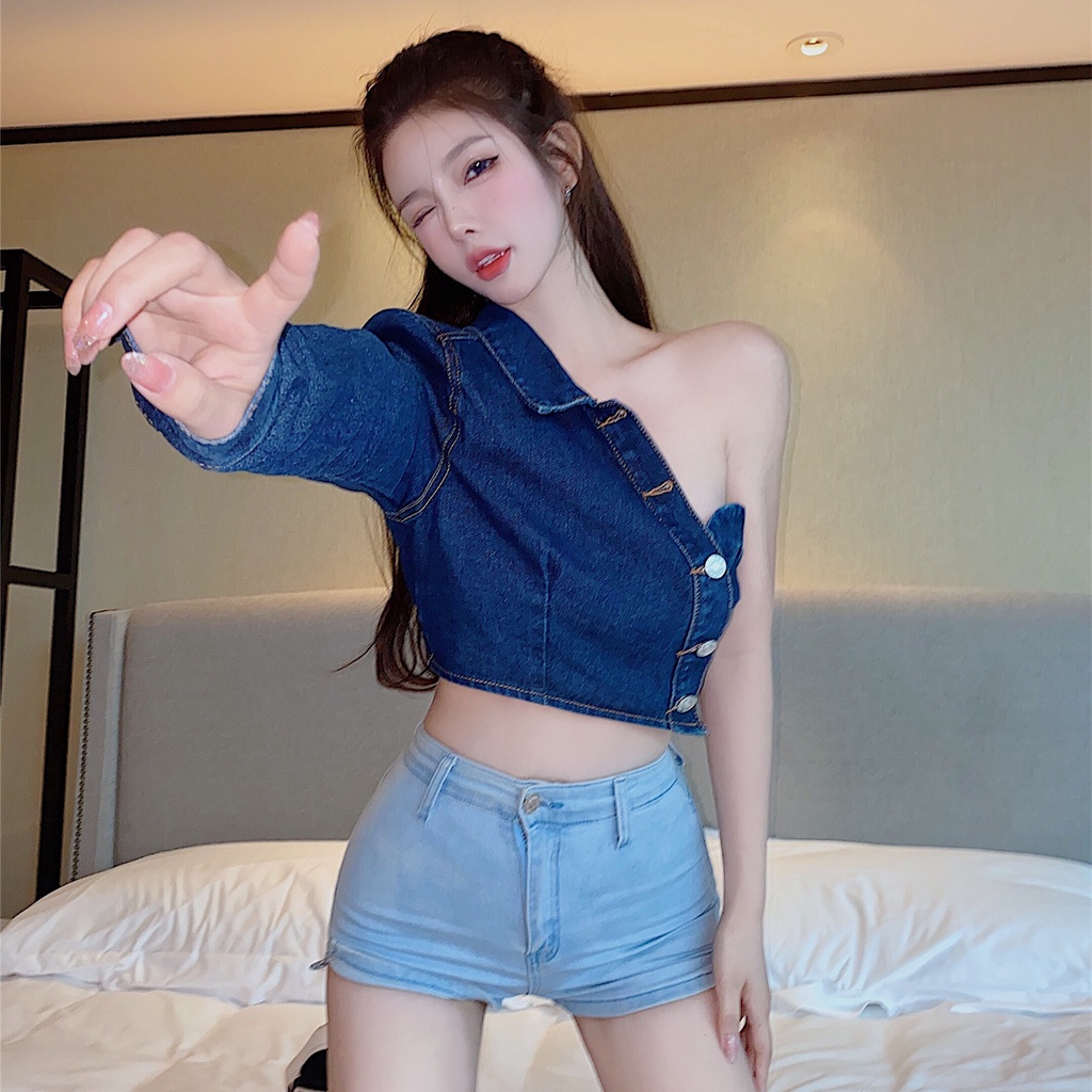 Áo denim nữ lệch vai cá tính, áo khoác bò ulzzang Hàn Quốc A849