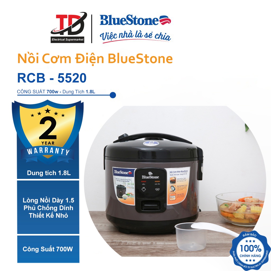 [Mã ELHAMS5 giảm 6% đơn 300K] Nồi cơm điện Bluestone 1.8 lít RCB-5520 - Bảo hành chính hãng 2 năm