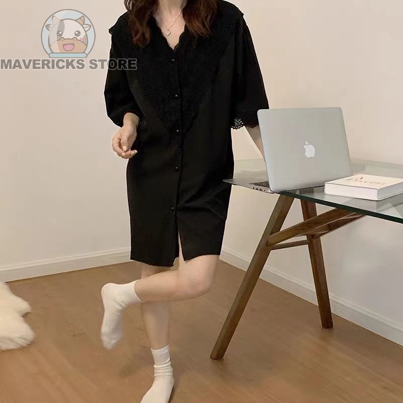 Đồ ngủ Voan Dài Màu Đen Phối Ren Thời Trang Mùa Hè Phong Cách Hàn Quốc Cho Nữ
