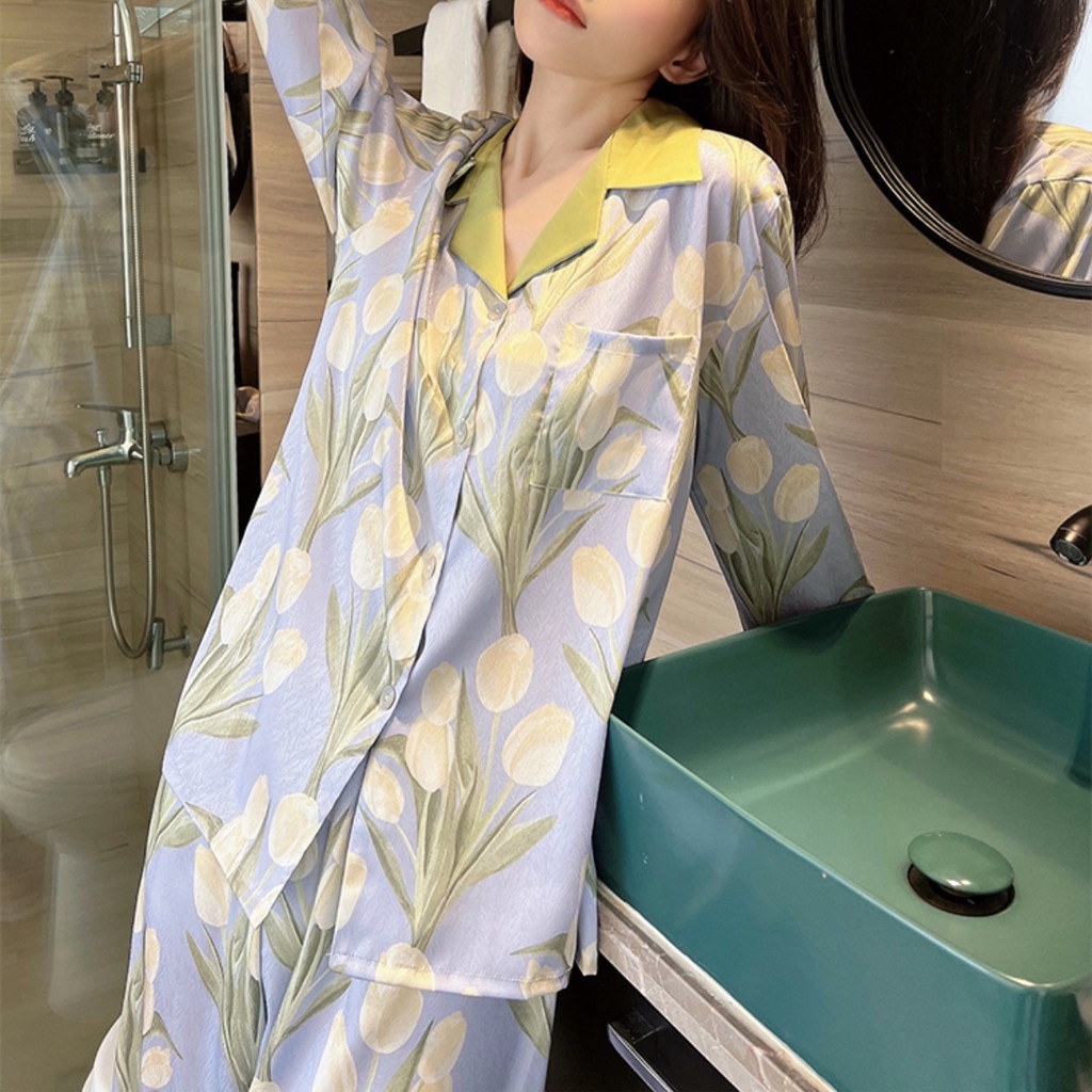Bộ Đồ Ngủ Tay Dài Bằng Lụa Lạnh In Hình Hoa Tulip Phong Cách Mới 2022