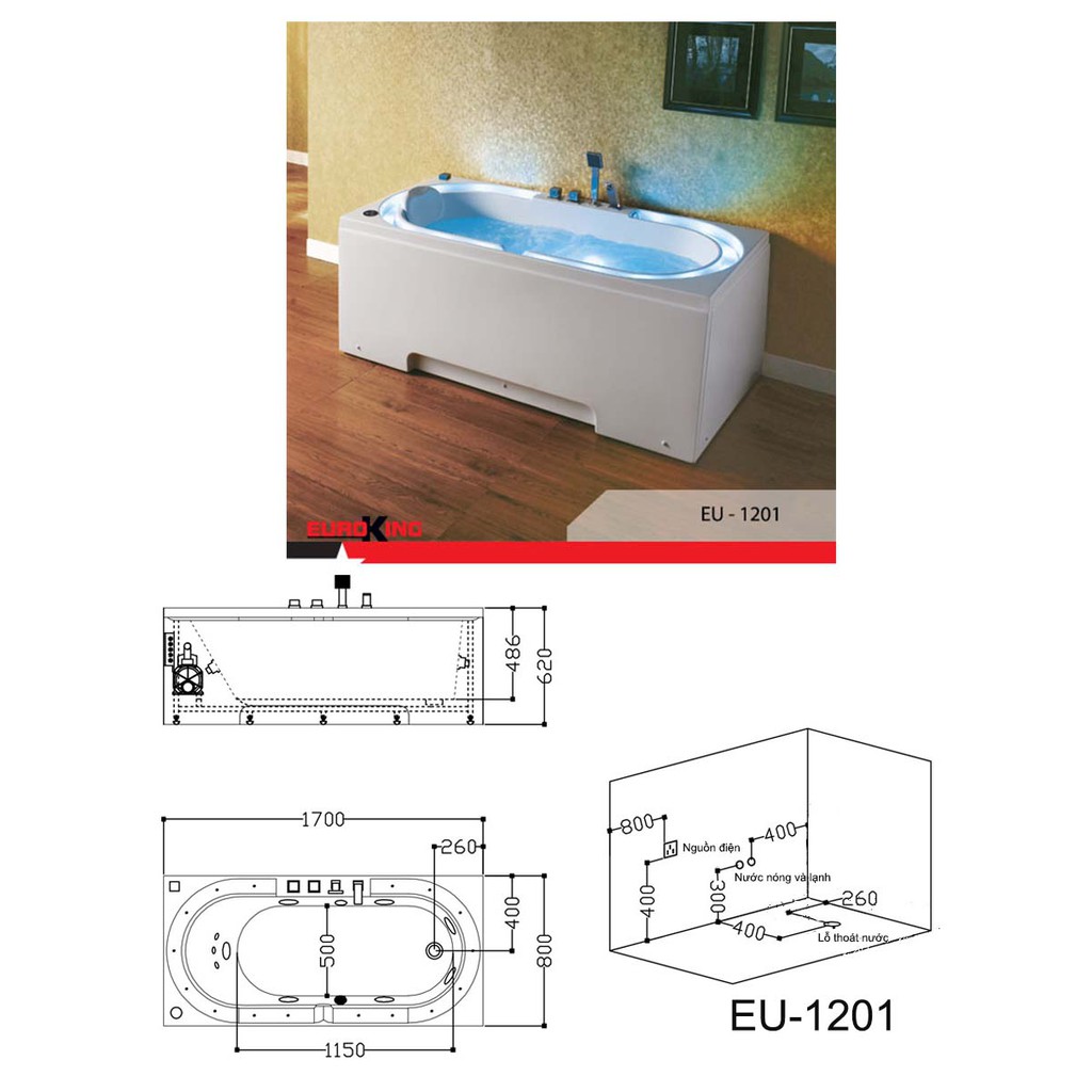 Bồn tắm massage cao cấp Euroking EU-1201, bao vận chuyển và lắp đặt