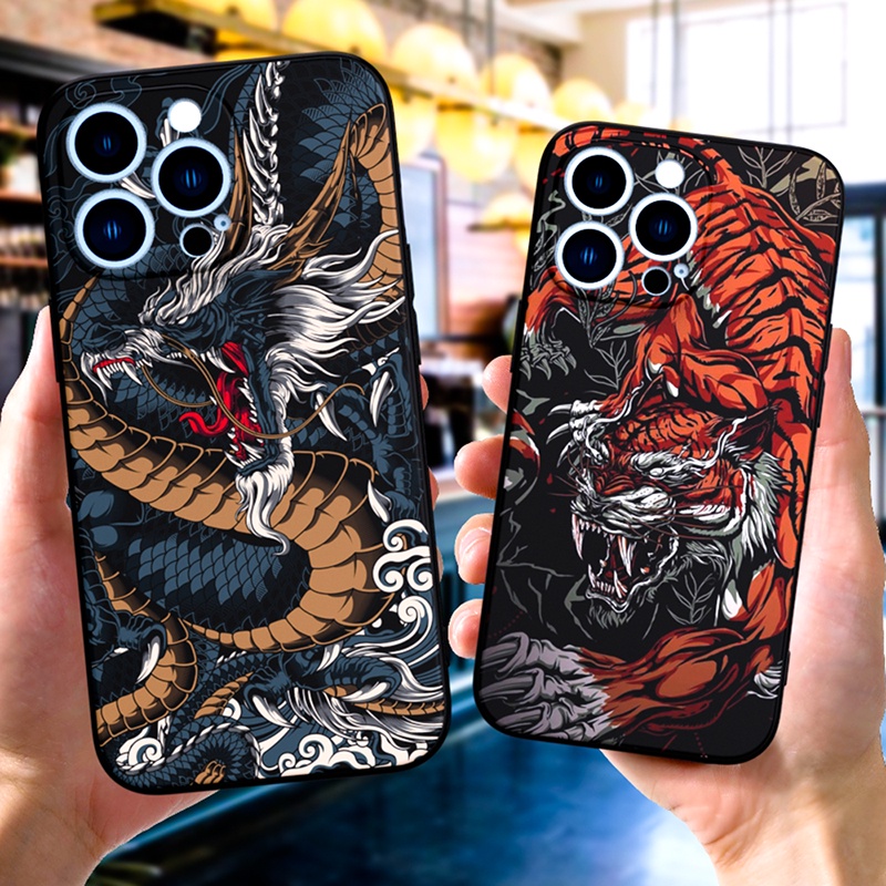 Ốp Điện Thoại tpu Màu Đen Họa Tiết Rồng Hổ Cho iphone 5 5s se 2020 6 6s 7 8 plus x 10 XR XS 11 12 13 mini pro MAX