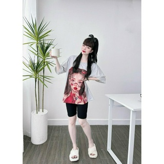 Set Lửng Quần Thun Gân Áo In Cô Gái Bigsize Mặc Nhà Đỏ+ Xám