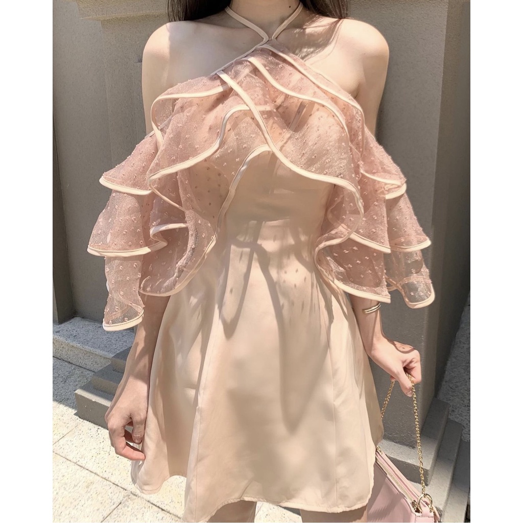 Đầm cổ yếm cúp ngực phối bèo trễ vai CÓ SẴN MÚT NGỰC mặc dự tiệc dạo phố