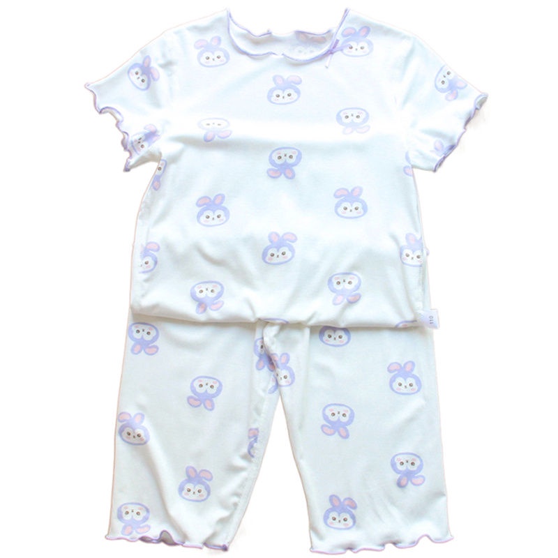 Bộ Đồ Ngủ Hai Mảnh Bằng Vải Lụa Lạnh Họa Tiết Thỏ Hoạt Hình Dễ Thương Thoải Mái Cho Bé