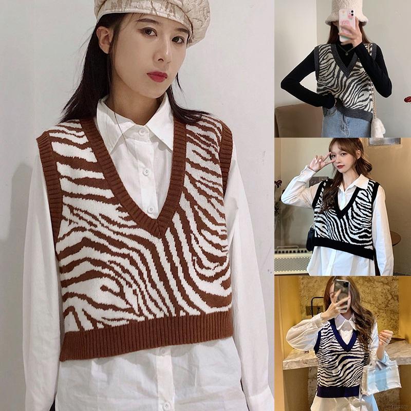 Áo Vest Dệt Kim In Họa Tiết Ngựa Vằn Kiểu Retro Hàn Quốc Cá Tính