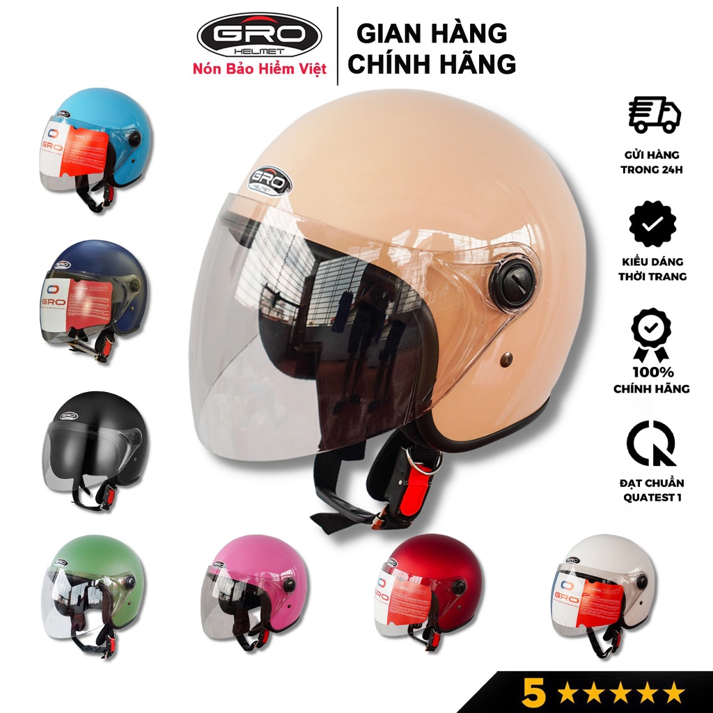 Mũ bảo hiểm 3/4 đầu GRO (818) phong cách trẻ trung phù hợp cho nam và nữ, nhiều màu sắc, Freesize (55-59cm)