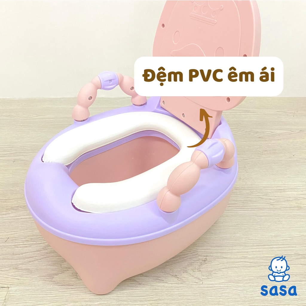 Bô vệ sinh cho bé SASA hình vịt con có tay vịn an toàn, đệm ngồi êm ái màu vàng - hồng, bô ngồi cho em bé