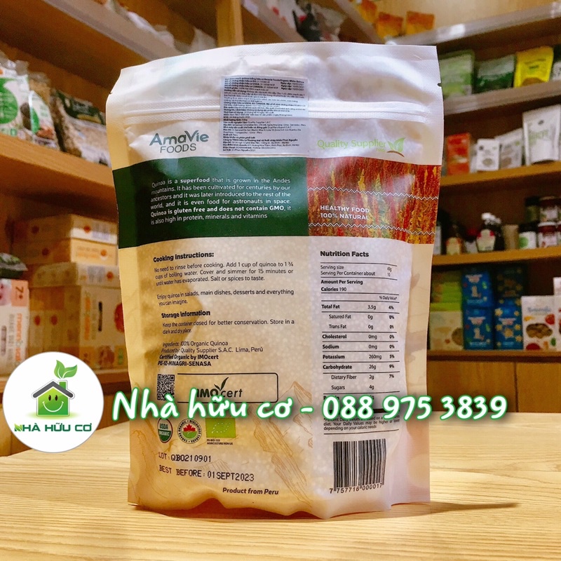 Hạt diêm mạch quinoa trắng hữu cơ AMAVIE FOOD 500g/100g - Date: 1/9/2023 - Nhà hữu cơ