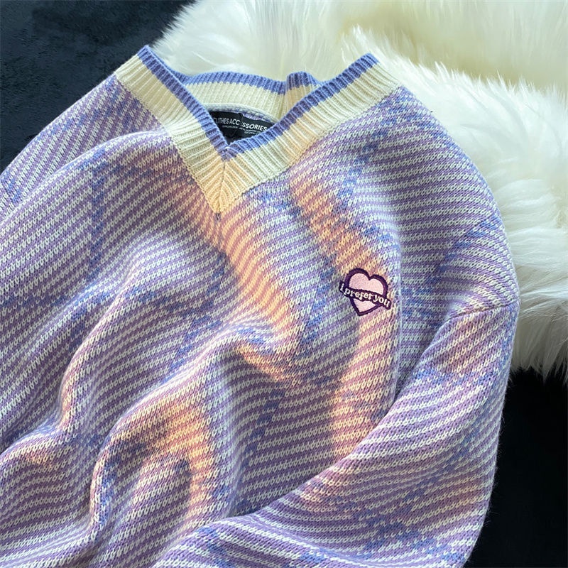 【Keroro】Áo len dáng dài kẻ sọc cổ tim phối viền cực xinh | BigBuy360 - bigbuy360.vn